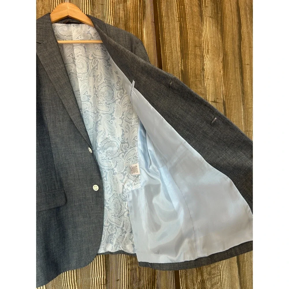 Tasso Elba Mens Blazer Woven Cotton Breathable Preppy Tropical Gray Size L 42-44
